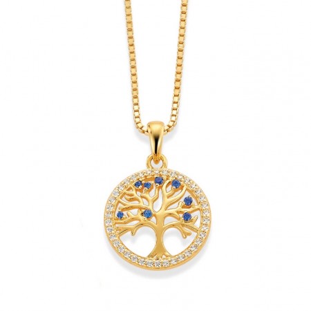 Gulldia - Smykke i gullforgylt sølv med blå zirkonia, livets tre