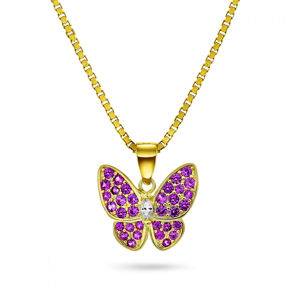 Smykke i forgylt sølv med rosa sommerfugl