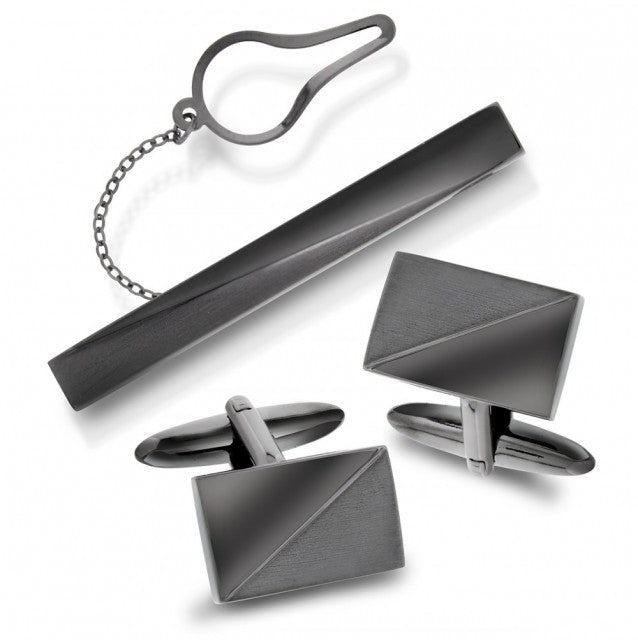 Sett med slipsnål og mansjettknapper, sotet stål