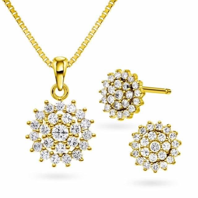 Smykkesett i forgylt sølv med zirkonia