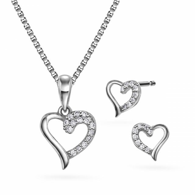 Smykkesett i sølv med zirkonia, Hjerte