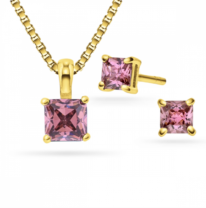 Smykkesett i forgylt sølv med zirkonia, Dus rosa