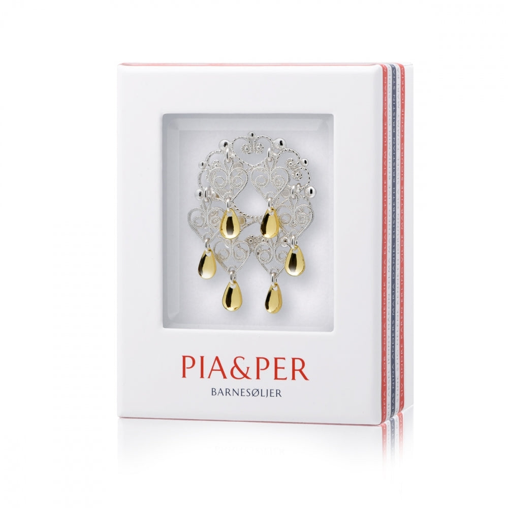 Pia & Per Barnesølje, hvit m/heng og forgylte løv