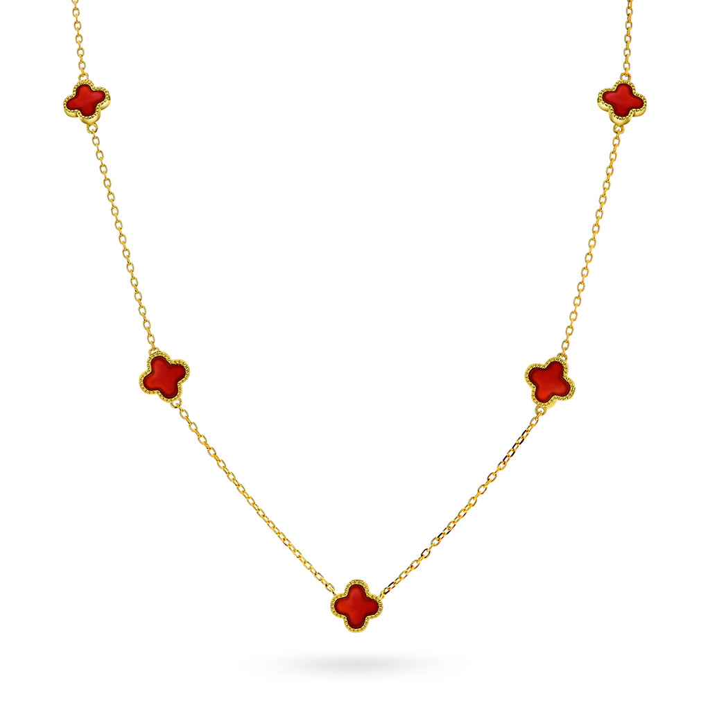 Halskjede i sølv med dyp rød kløver