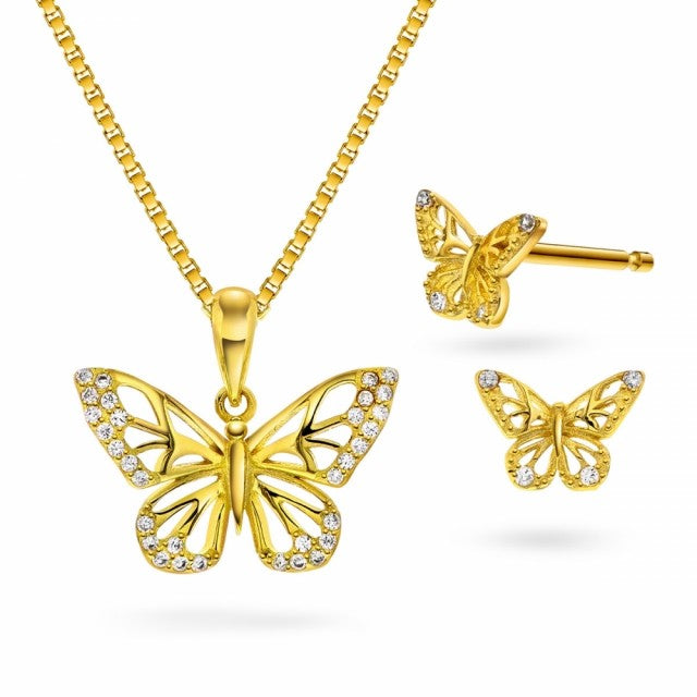 Smykkesett i forgylt sølv med zirkonia, Sommerfugl