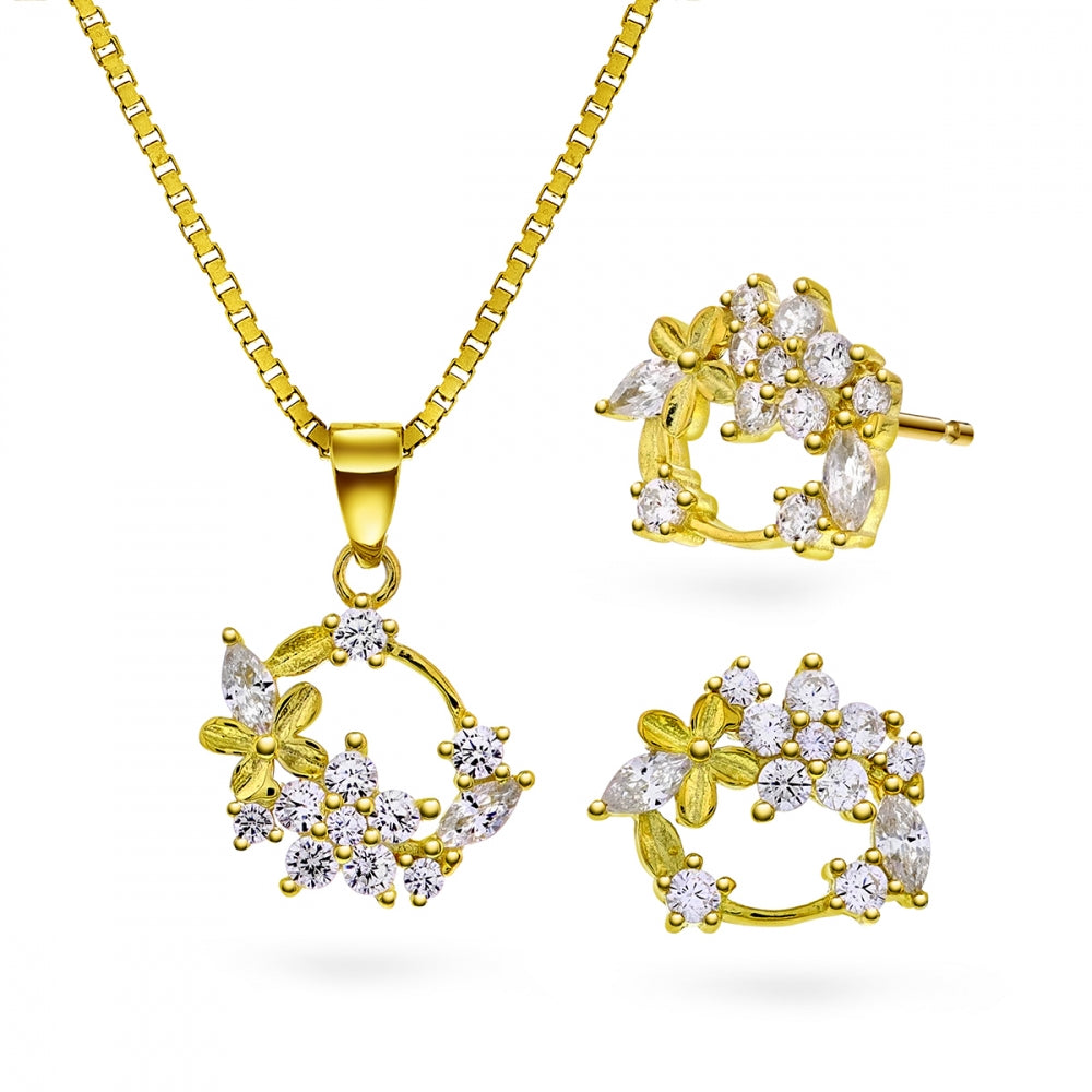 Smykkesett i forgylt sølv med zirkonia