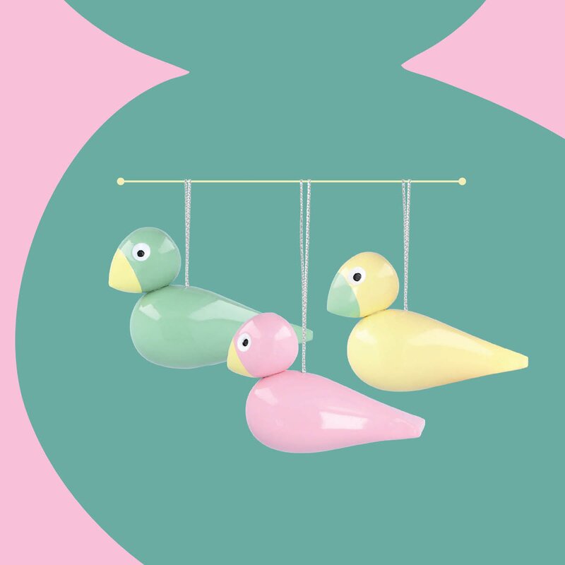 Sangfugler 3 stk, Grønn/gul/rosa