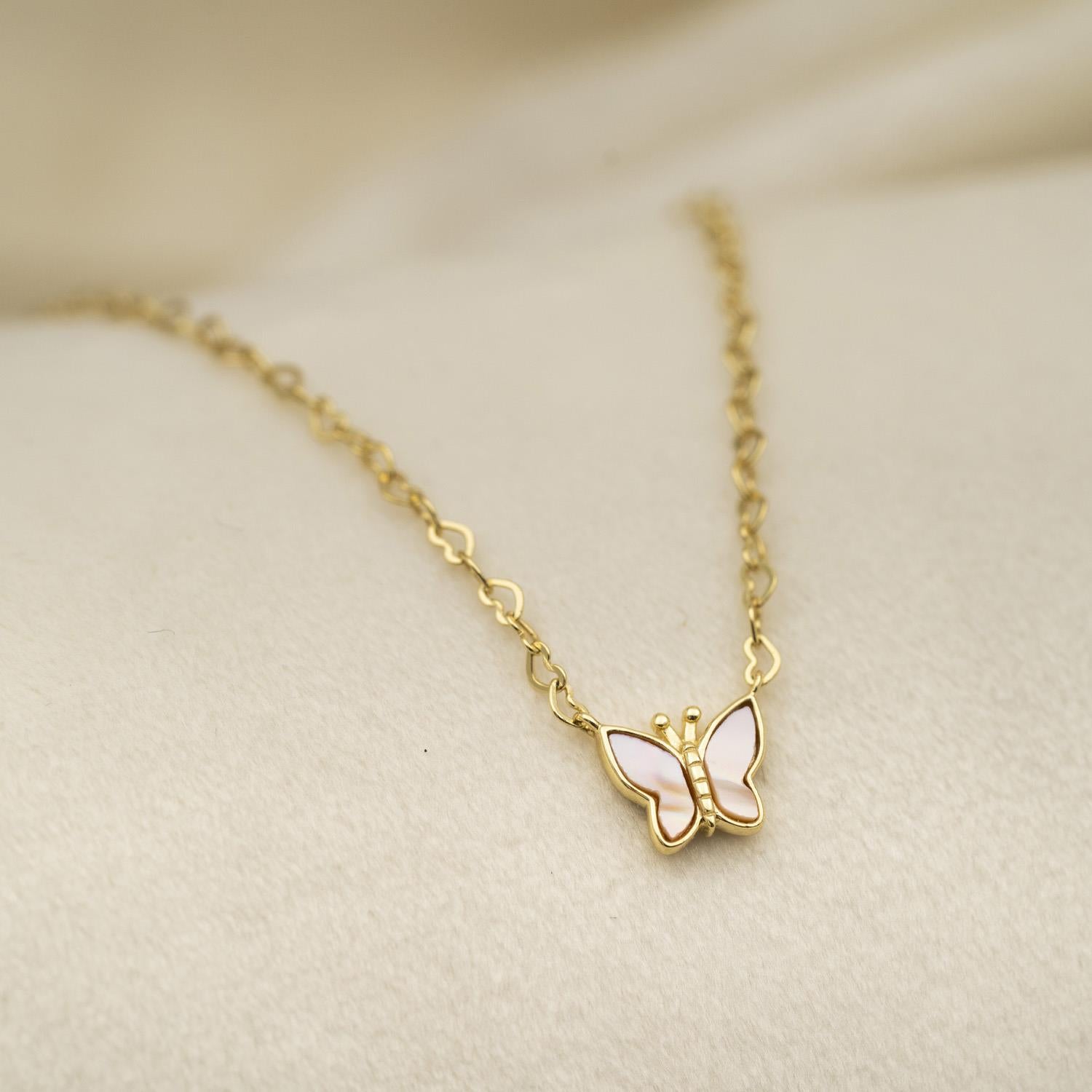 Prins & Prinsesse Smykke i forgylt sølv med rosa perlemor, sommerfugl