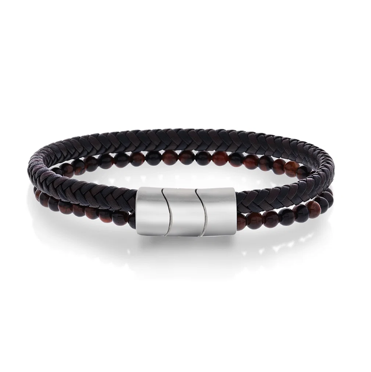 ARMBÅND I STÅL M/SORT OG BRUNT SKINN