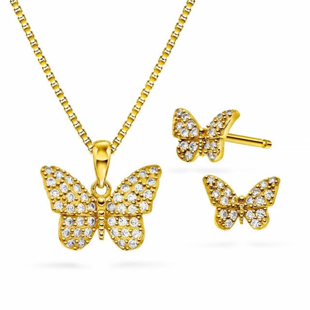 Smykkesett i forgylt sølv med zirkonia, Sommerfugl