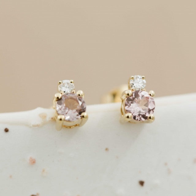 Øredobber i gull med dia. 0,08 ct og granat