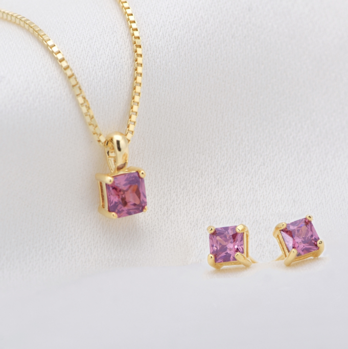 Smykkesett i forgylt sølv med zirkonia, Dus rosa