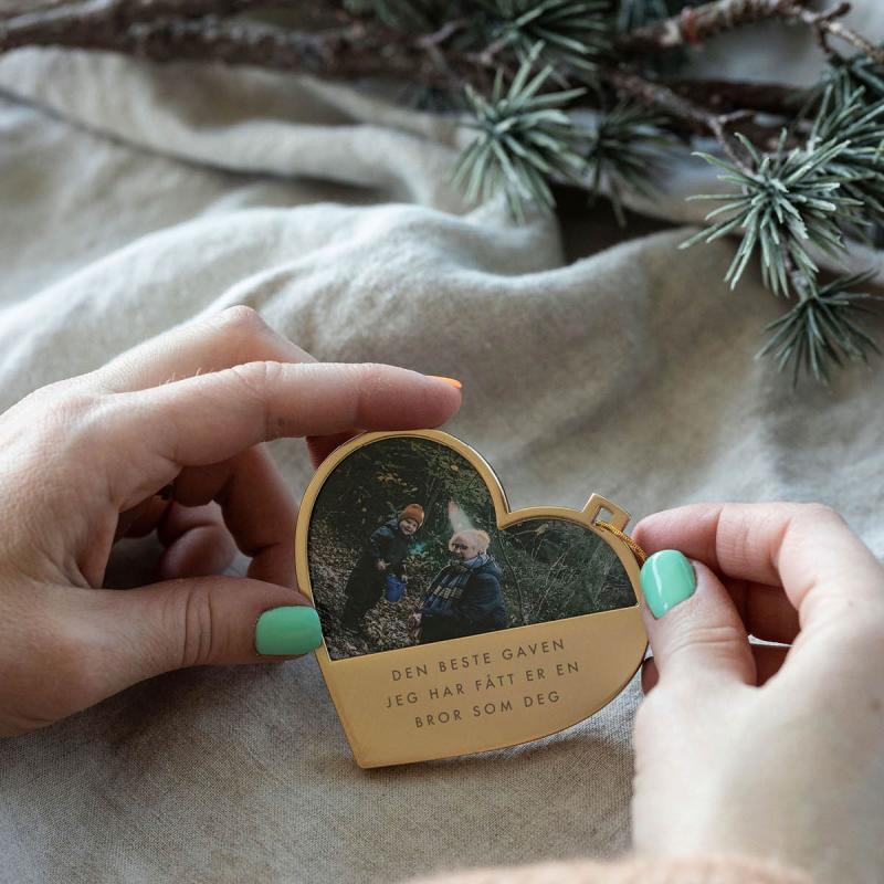Julepynt hjerte m/fotoramme Bror, 14K gullbelagt