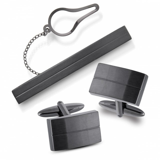 Sett med slipsnål og mansjettknapper, sotet stål