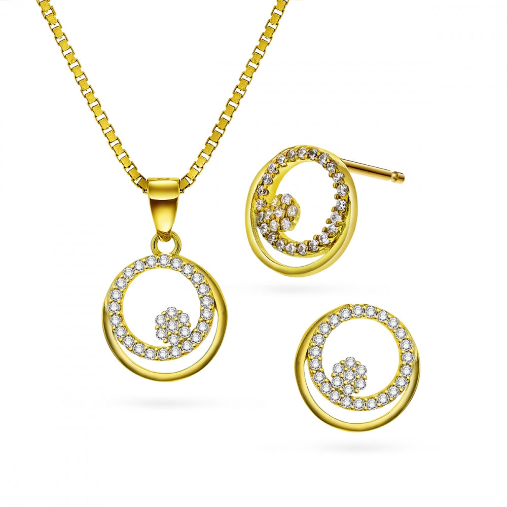 Smykkesett i forgylt sølv med zirkonia