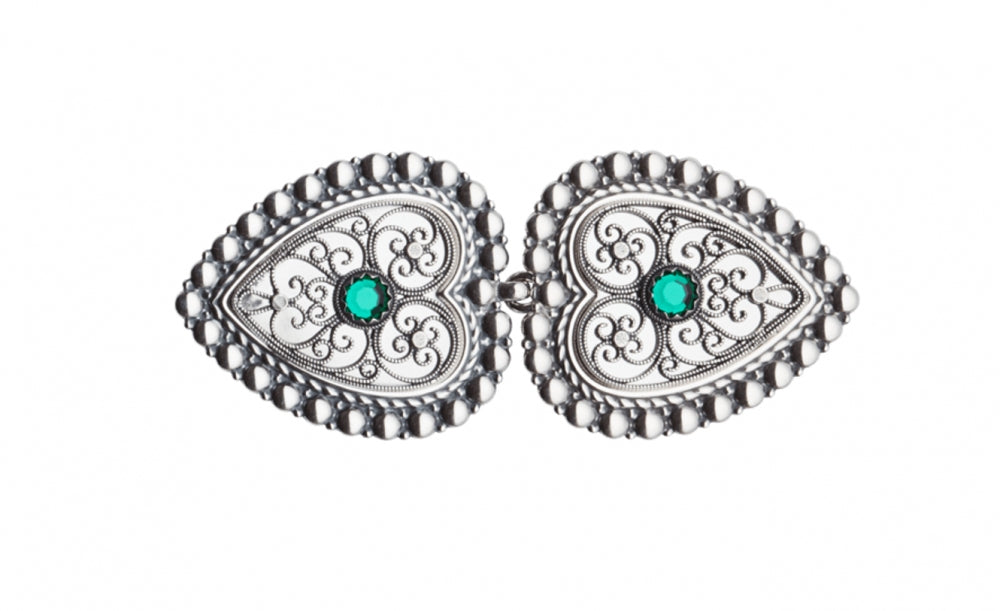 Fjordsylv Beltespenne til skinnlist med grønn stein, oksidert