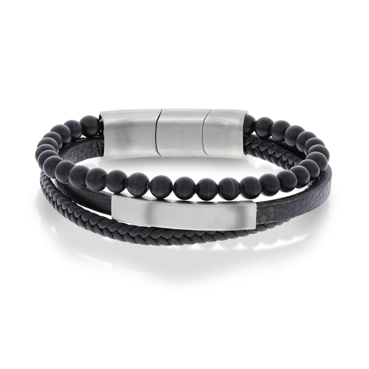 ARMBÅND I STÅL OG SORT SKINN
