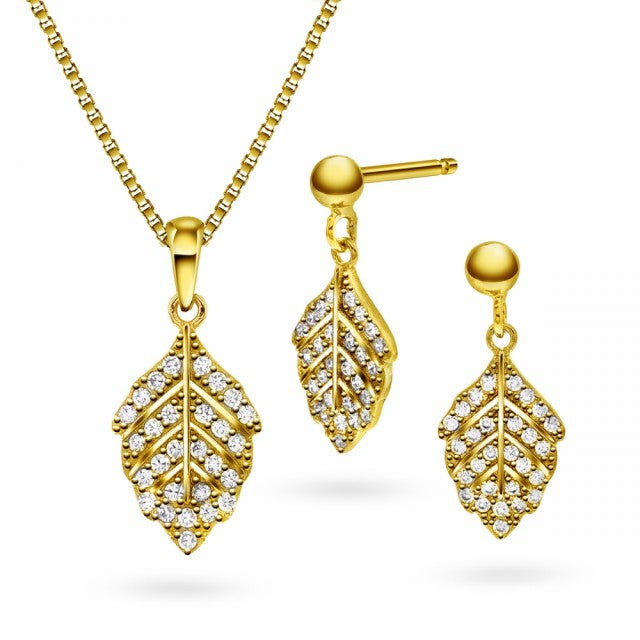 Smykkesett i forgylt sølv med zirkonia, Blad