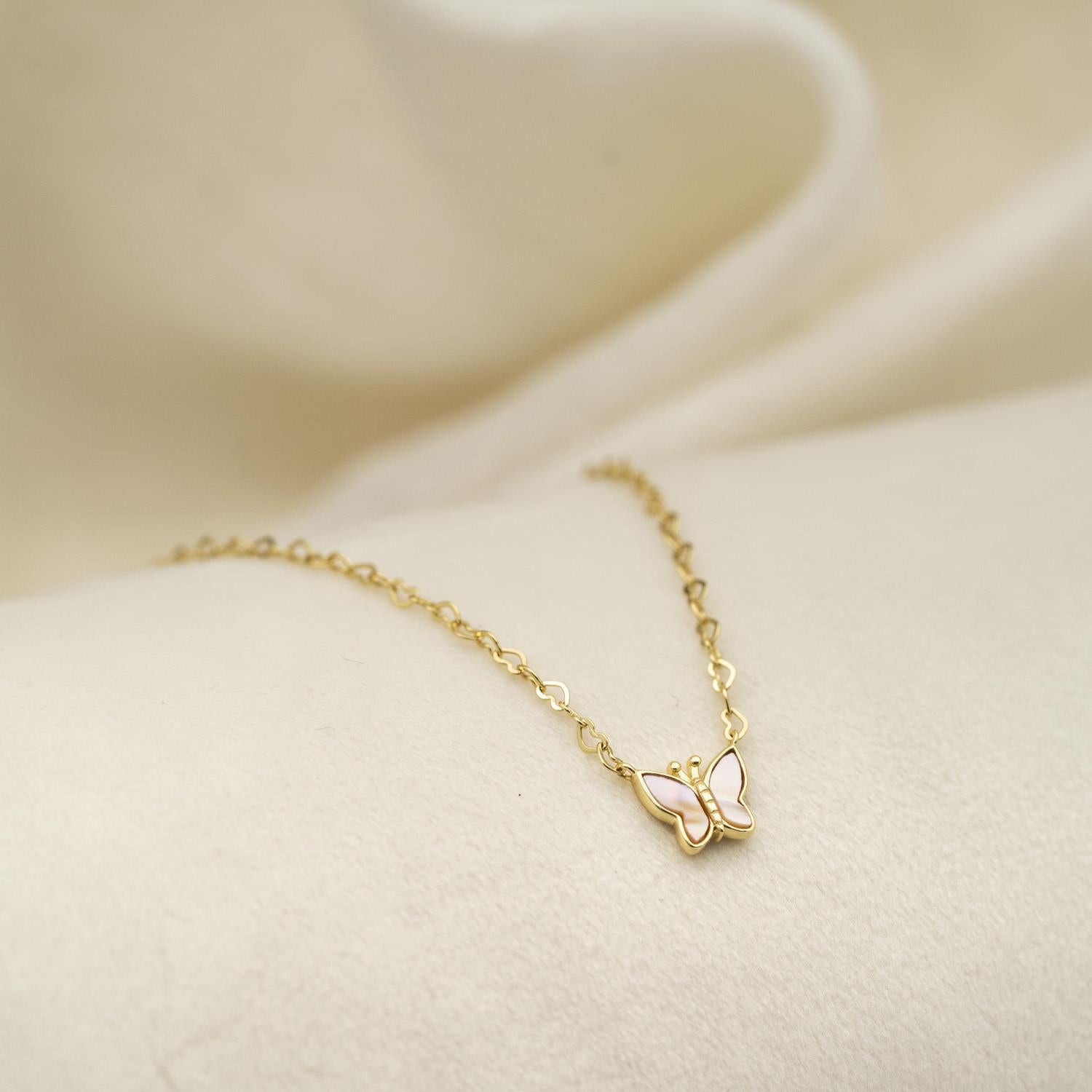 Prins & Prinsesse Smykke i forgylt sølv med rosa perlemor, sommerfugl