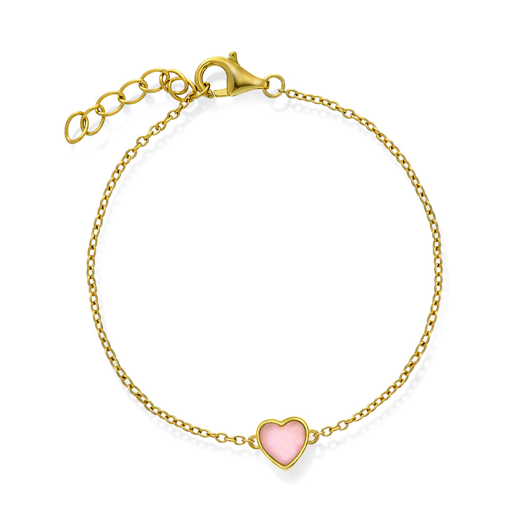 Prins & Prinsesse Armbånd i forgylt sølv med rosa perle, Hjerte