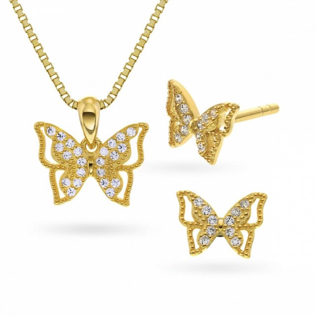 Smykkesett i forgylt sølv med zirkonia, Sommerfugl