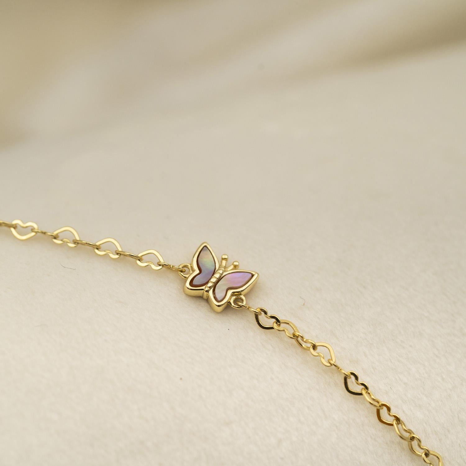 Prins & Prinsesse Armbånd i forgylt sølv med rosa perlemor, sommerfugl