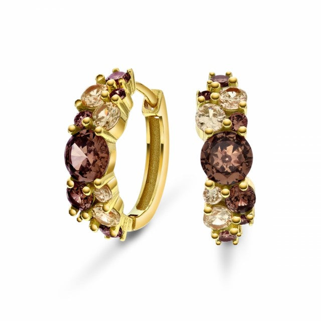 Øreringer i forgylt sølv med brun/champagnefarget zirkonia