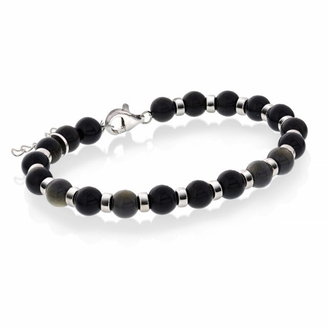 Armbånd i sølv med obsidian, 6 mm