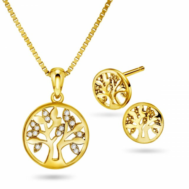Smykkesett i forgylt sølv med zirkonia, Livets tre