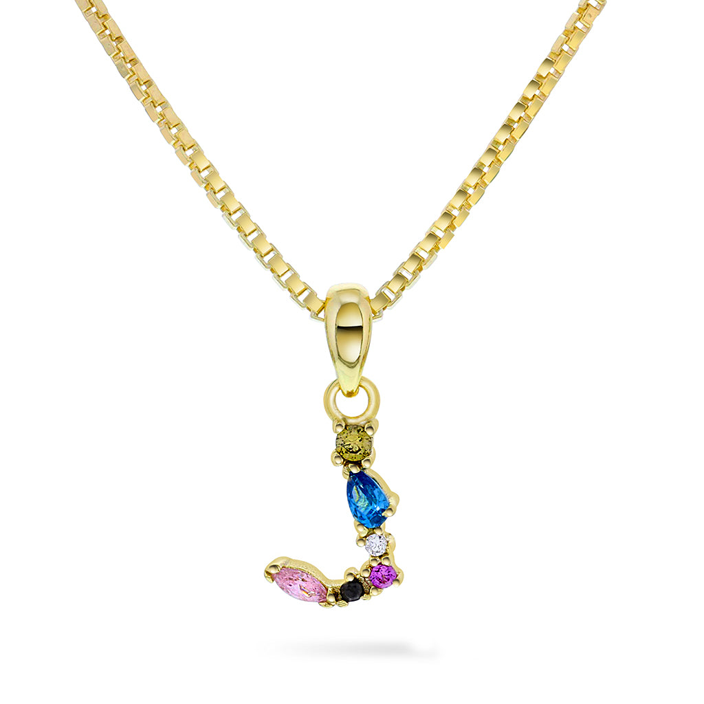 Bokstavsmykke J i forgylt sølv, flerfarget zirkonia