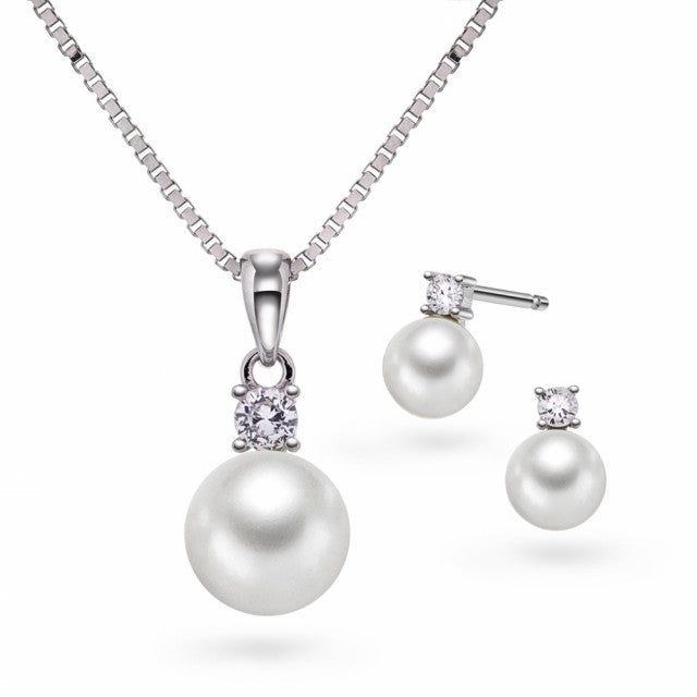 Smykkesett i sølv med perle og zirkonia