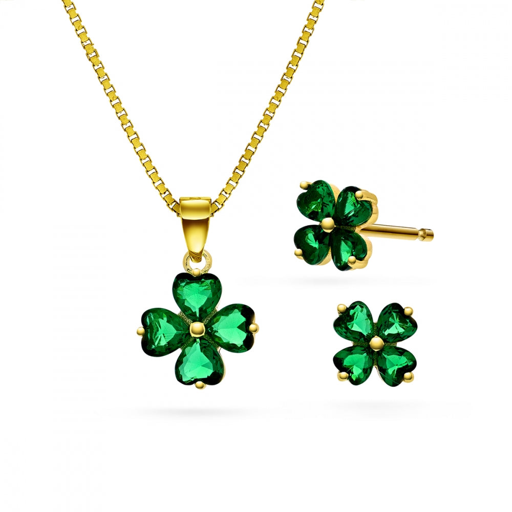 Smykkesett i forgylt sølv med grønn kløver