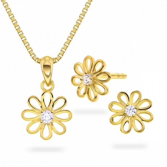 Smykkesett i forgylt sølv med zirkonia, Blomst