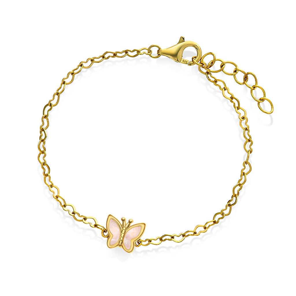 Prins & Prinsesse Armbånd i forgylt sølv med rosa perlemor, sommerfugl