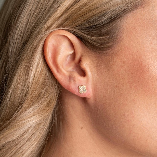 Kløver øredobber i sølv med zirkonia, Hvit