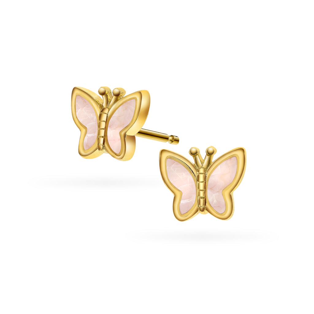 Prins & Prinsesse Øredobber i forgylt sølv med rosa perlemor, sommerfugl