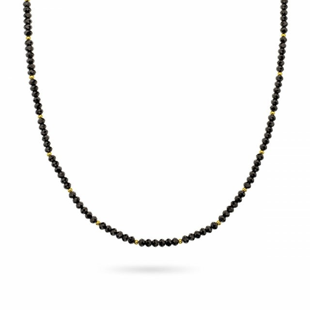 Halskjede i forgylt sølv med sort agat, 42+5cm