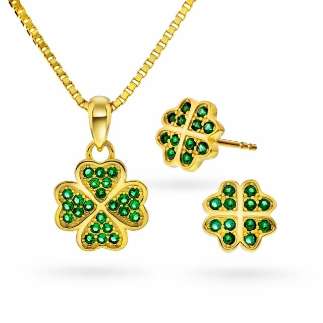 Smykkesett i forgylt sølv med grønn zirkonia, Firkløver