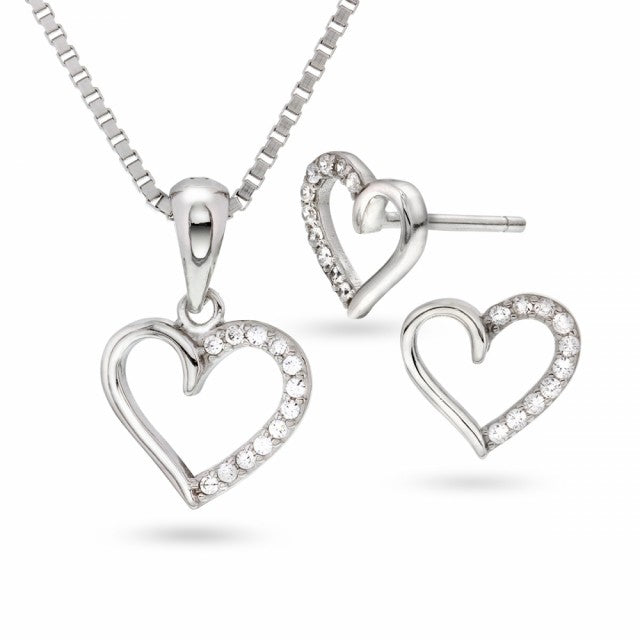 Smykkesett i sølv med zirkonia, Hjerte